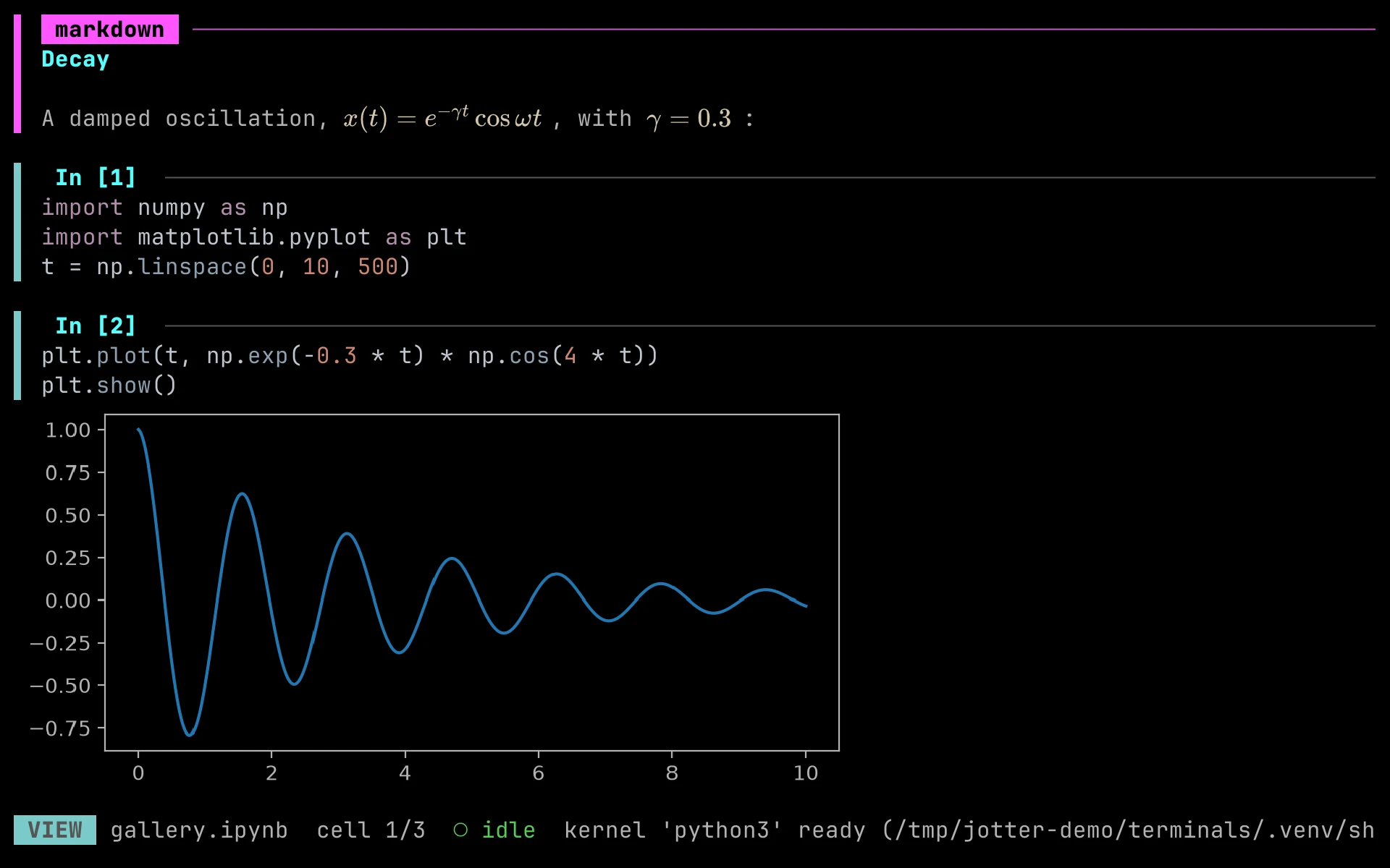 jOtter in WezTerm: a sharp plot (iTerm2 protocol) and rendered math